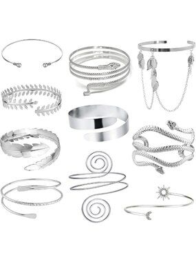 6-10 Pcs Adjustable Arm Cuff Bracelets for Women - Boho Snake Feather Armbands